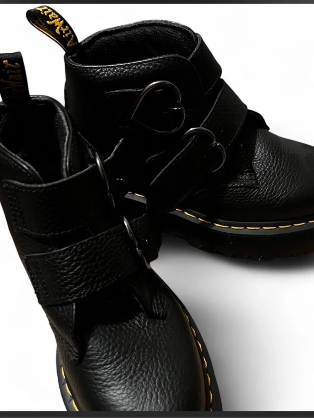 Dr. Martens Black Leather Platform Ankle Boots with Yellow Stitching